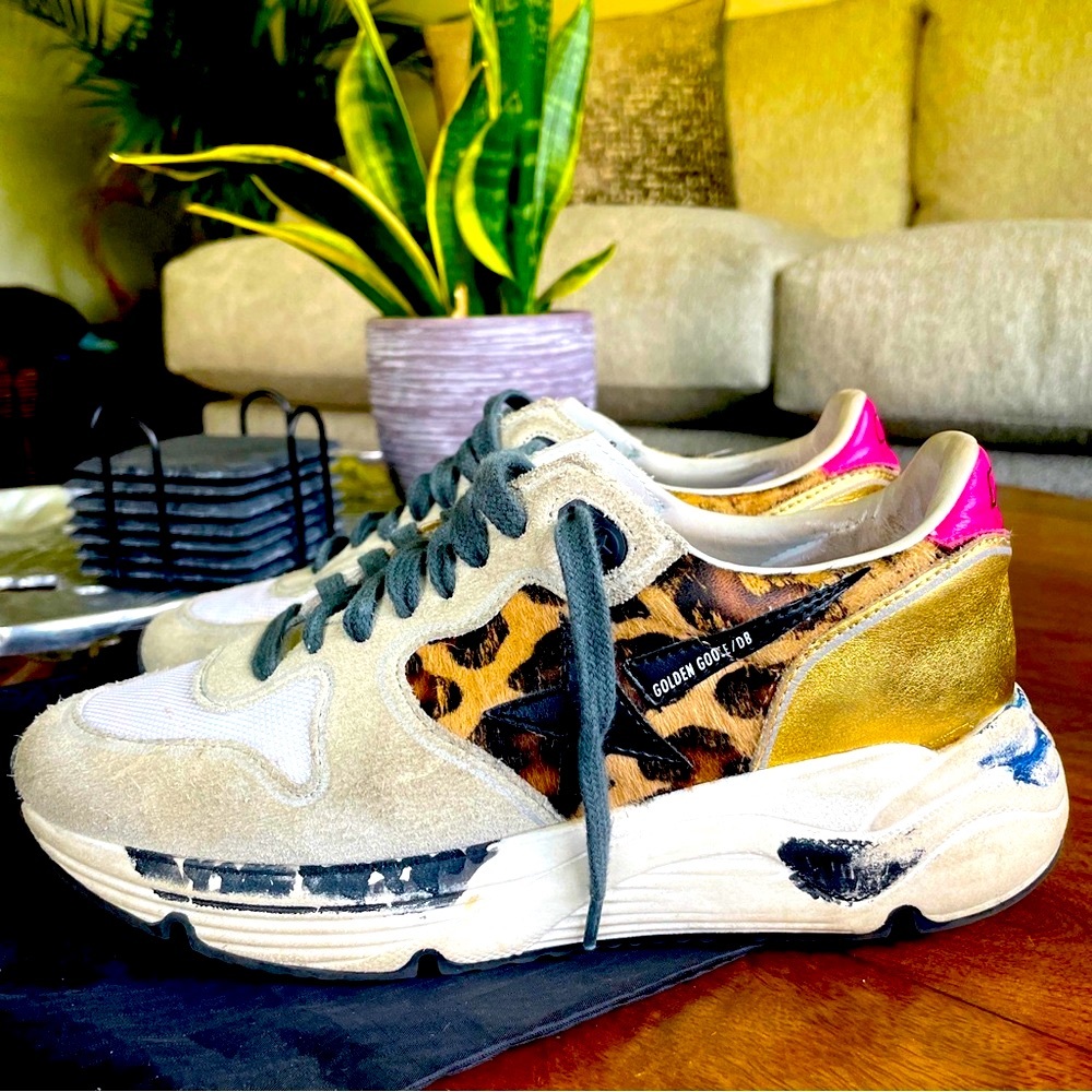 RARE! Golden Goose Running GGDB Sneakers Size 36 6 Calf Hair Leopard Pink Gold
